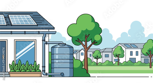 Modern vector illustration of rainwater harvesting tank beside eco home promoting water conservation and sustainable living