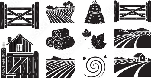 Rural Farm Landscape Icons and Symbols in Black and White
