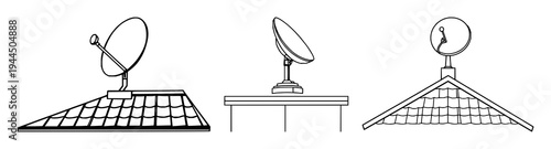 Satellite dish set with modern flat art of a single dish on a roof featuring telecommunications theme, clean lines, white background with minimalism and vector illustration