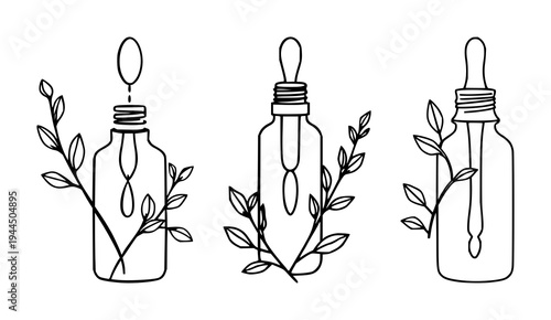 Serum dropper set with minimalist line art of a botanical sprig featuring clean beauty, cosmetics, and skincare with white background and illustration