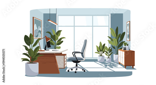 Modern vector illustration of eco friendly office workspace with indoor plants and natural light promoting sustainable corporate lifestyle