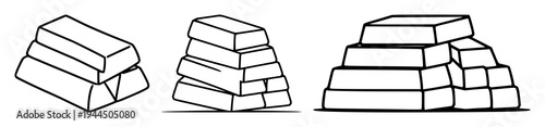 Gold bullion bars set with flat vector icon of a stack of gold bullion bars featuring wealth, investment, minimalist, 2D and gold