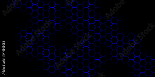 Dark gray and blue technology hexagonal vector background. Abstract blue bright energy flashes under a hexagon in a dark hi-tech futuristic modern vector background gaming honeycomb texture grid.