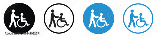 Circular icons featuring a person being pushed in a wheelchair. Black and blue variants showing a caregiver and patient. Icons for nursing homes, hospitals, and assisted living signage.
