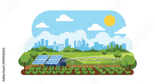 Modern vector illustration of sustainable farming with solar powered irrigation promoting renewable energy in agriculture