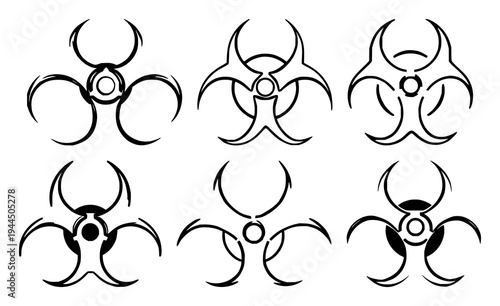 Biohazard waste symbol set with bold strokes icons isolated on white featuring biohazard, laboratory safety, warning icon with hazard and waste