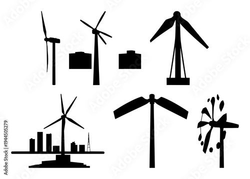 Vertical axis wind turbine set with a solid black silhouette featuring renewable energy, urban power generation, sustainable technology with modern design and geometric shape