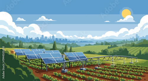 Modern vector illustration of sustainable farming with solar powered irrigation promoting renewable energy in agriculture