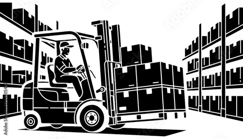 Forklift silhouette vector illustration of a warehouse worker in action
