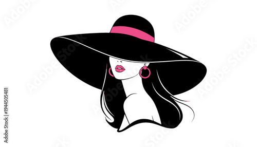 A woman wearing a large black hat with a pink band illustration