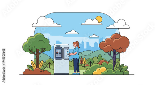 Modern vector illustration of person using reusable water bottle in park promoting plastic reduction and eco friendly lifestyle