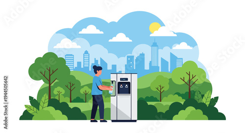 Modern vector illustration of person using reusable water bottle in park promoting plastic reduction and eco friendly lifestyle