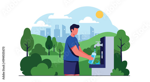 Modern vector illustration of person using reusable water bottle in park promoting plastic reduction and eco friendly lifestyle
