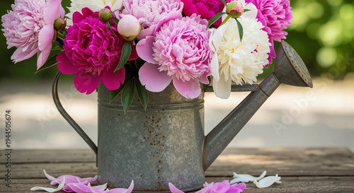 Vintage watering can filled with blooming pink and white peonies  