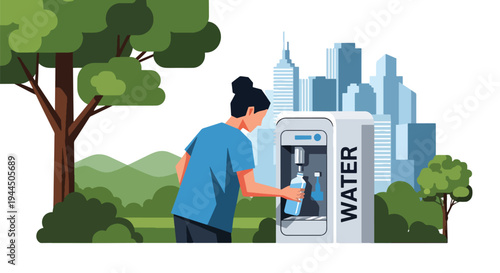 Modern vector illustration of person using reusable water bottle in park promoting plastic reduction and eco friendly lifestyle