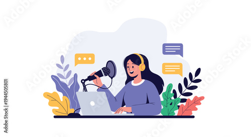 Happy young woman recording a podcast or live stream using a professional microphone and laptop in a creative space.