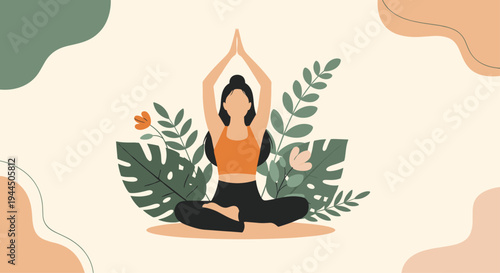 Young woman practicing yoga in a lotus pose surrounded by lush tropical green leaves for wellness and meditation.