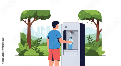 Modern vector illustration of person using reusable water bottle in park promoting plastic reduction and eco friendly lifestyle