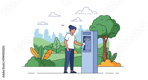 Modern vector illustration of person using reusable water bottle in park promoting plastic reduction and eco friendly lifestyle