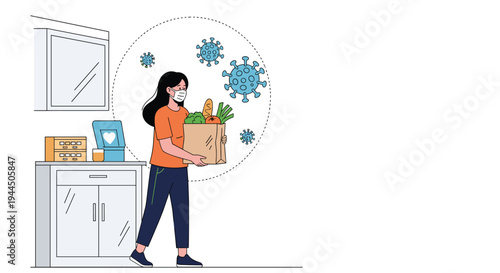 Woman wearing a protective face mask while carrying a bag of fresh groceries during the pandemic for safety at home.