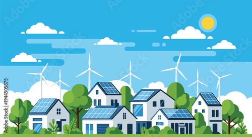 Modern vector illustration of eco friendly neighborhood with solar roofs and wind turbines promoting renewable energy community
