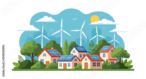 Modern vector illustration of eco friendly neighborhood with solar roofs and wind turbines promoting renewable energy community