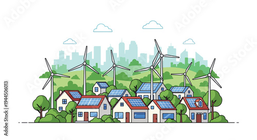 Modern vector illustration of eco friendly neighborhood with solar roofs and wind turbines promoting renewable energy community