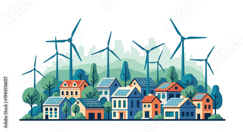 Modern vector illustration of eco friendly neighborhood with solar roofs and wind turbines promoting renewable energy community