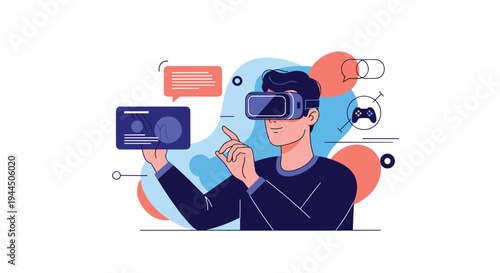 Young man experiencing virtual reality technology while wearing a headset and interacting with digital data screens.