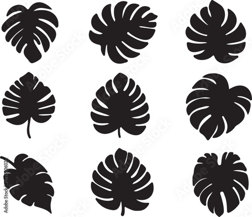 Monstera Leaf Silhouette Set, Tropical Jungle Leaves Collection, Minimal Black Botanical Icons Isolated on Light Background, Modern Nature Design Elements for Logo