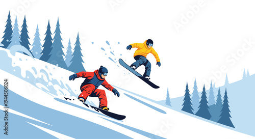 Two snowboarders performing jumps and sliding down a snowy mountain slope with a forest of pine trees in winter.