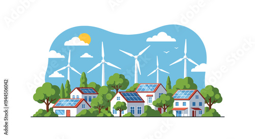 Modern vector illustration of eco friendly neighborhood with solar roofs and wind turbines promoting renewable energy community