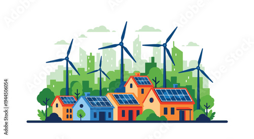 Modern vector illustration of eco friendly neighborhood with solar roofs and wind turbines promoting renewable energy community