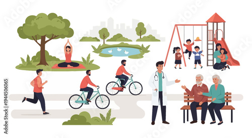 Active Community Life: Diverse People Exercising, Playing, and Consulting Doctor in a Park for Health & Wellness