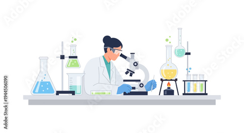Female Scientist Working in Lab with Microscope & Test Tubes. Research, Chemistry & Biotechnology Illustration.