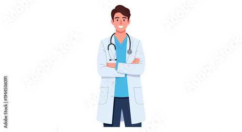 Smiling Male Doctor Illustration with Stethoscope and Lab Coat