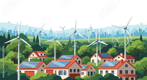 Modern vector illustration of eco friendly neighborhood with solar roofs and wind turbines promoting renewable energy community