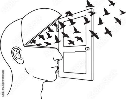 Surreal drawing of a human head with an open door on the face through which black birds fly away.