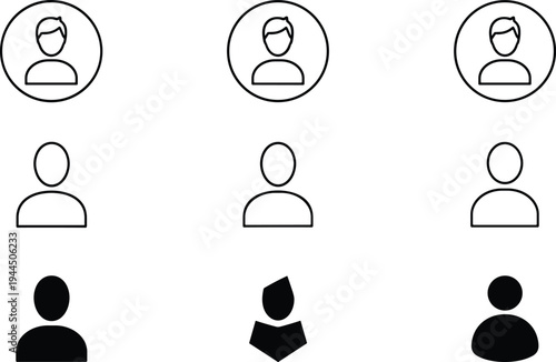 Human icon silhouettes, people avatar set, user profile symbols, abstract person design, diverse figure illustration, black head and shoulders outline