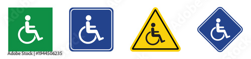 Universal wheelchair symbol icons in various geometric shapes including square, triangle, and diamond. Colorful green, blue, and yellow signs for accessibility and hazard warning.