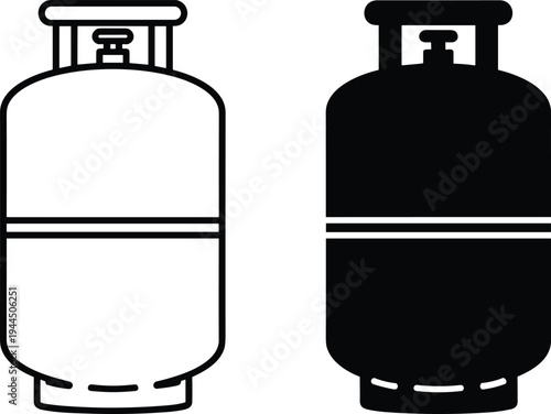 Gas cylinder icon set with outline and silhouette styles for propane storage, cooking fuel, energy industry, and kitchen appliance vector illustration,
