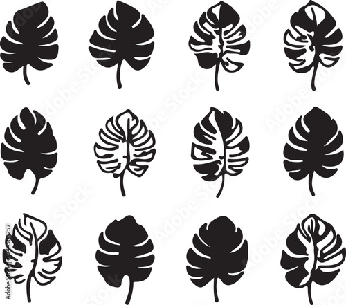 Monstera Leaf Silhouette Set, Tropical Jungle Leaves Collection, Minimal Black Botanical Icons Isolated on Light Background, Modern Nature Design Elements for Logo