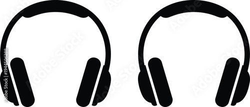 Headphone silhouette icon, audio equipment design, music listening symbol, sound engineering graphic, black over ear headphones illustration, personal audio device