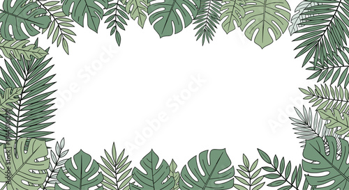 Border frame made of various green tropical leaves and palm fronds on a white background for summer holiday themes.