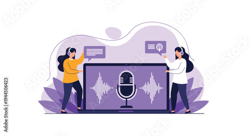 Two female content creators recording a podcast or radio show with a large laptop and microphone in a studio.