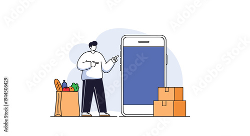 Man pointing to a large smartphone screen with a bag of fresh groceries and boxes for online shopping concept.