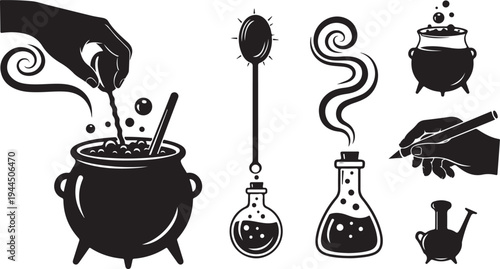 Black and white illustration of magical potion making tools