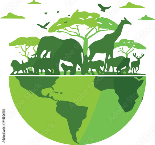 Green earth wildlife conservation illustration, animals and forest ecosystem on planet concept, environmental protection nature vector design