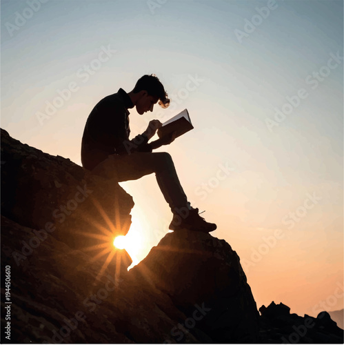 Silhouette of a person sitting on the mountain top at sunset symbolizing freedom and nature