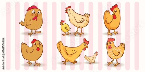 Hen chicken character hand drawn vintage vector illustration set. Poultry farm animal collection isolated on background.